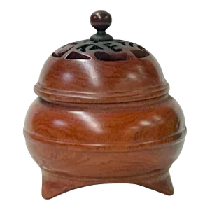 Vintage Oriental Wood Handcrafted Round Ding Shape Incense Burner