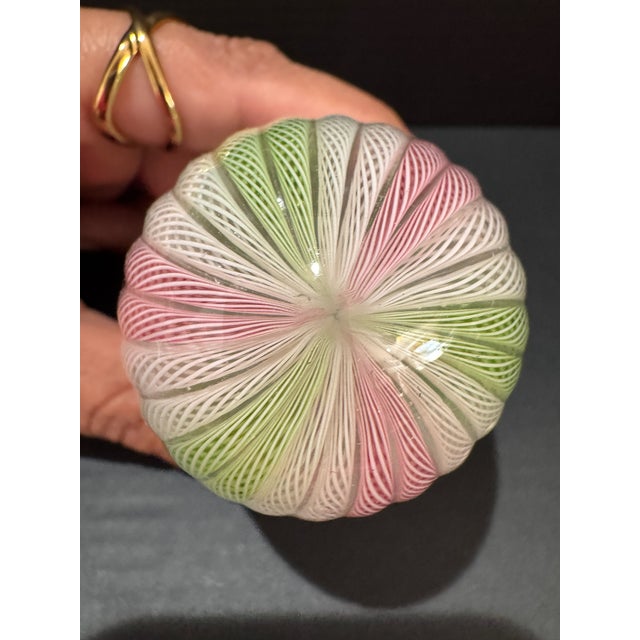 Modern Vintage Murano Venetian Art Glass Zanfirico Latticino Egg Pink Green Paperweight For Sale - Image 3 of 5