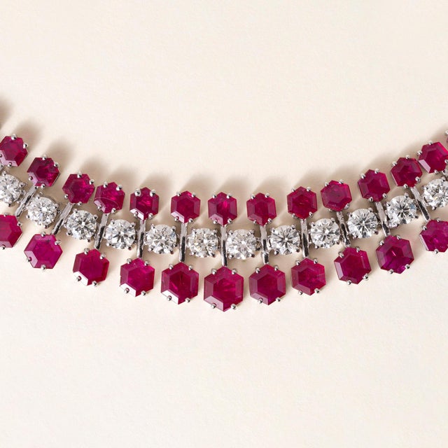 Modern Vintage 38.91 Carats Ruby & 17.71 Carats Diamond Triple Row Necklace 14k Gold For Sale - Image 3 of 4