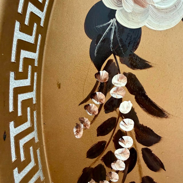Gold Vintage Toleware Gold Floral Greek Key Round Tray For Sale - Image 8 of 10