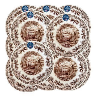 Royal Stafford English Brown Transferware Pheasants & Acorns Thanksgiving Salad Plates - Set of 12 For Sale