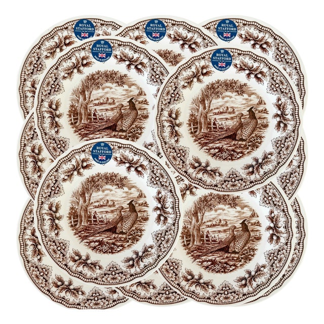 Royal Stafford English Brown Transferware Pheasants & Acorns Thanksgiving Salad Plates - Set of 12 For Sale
