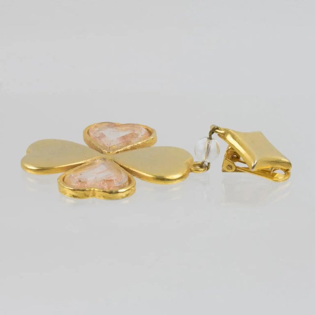 Gold Kenzo Gilded Metal and Acrylic Four-Leaf Clover Dangle Clip-on Earrings For Sale - Image 8 of 9
