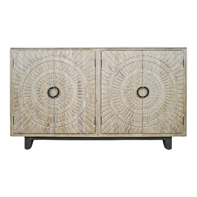 Washed Double Medallion Carved Wood Credenza For Sale