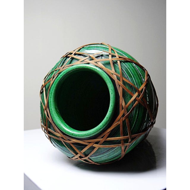 Japanese Green Ceramic Vase with Awaji Yaki Bamboo Lacing, 1920s For Sale - Image 6 of 10