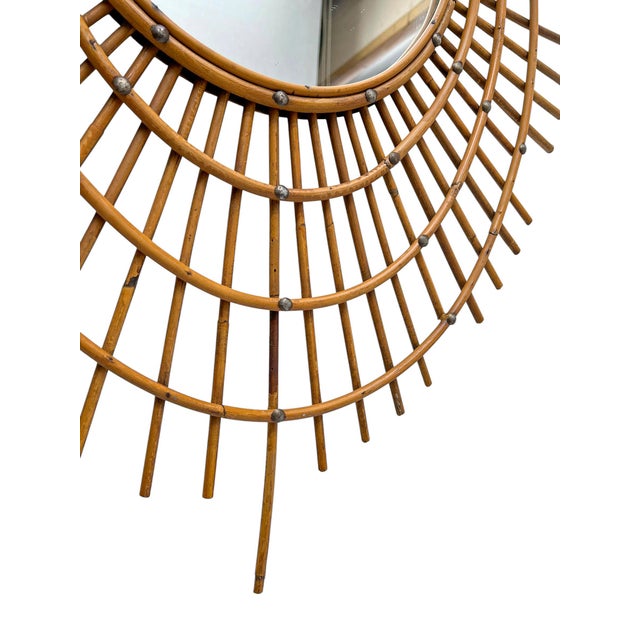1950s Large Asymmetrical Bamboo Rattan Sunburst Mirror with Nails, 1960s For Sale - Image 5 of 9