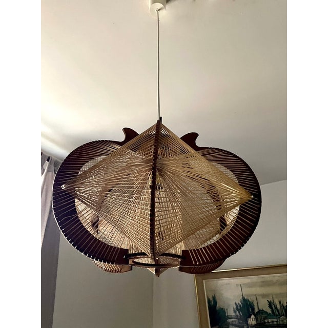 Wood Scandinavian Cotton and Wood Pendant Light with Taut Wires, 1960 For Sale - Image 7 of 11