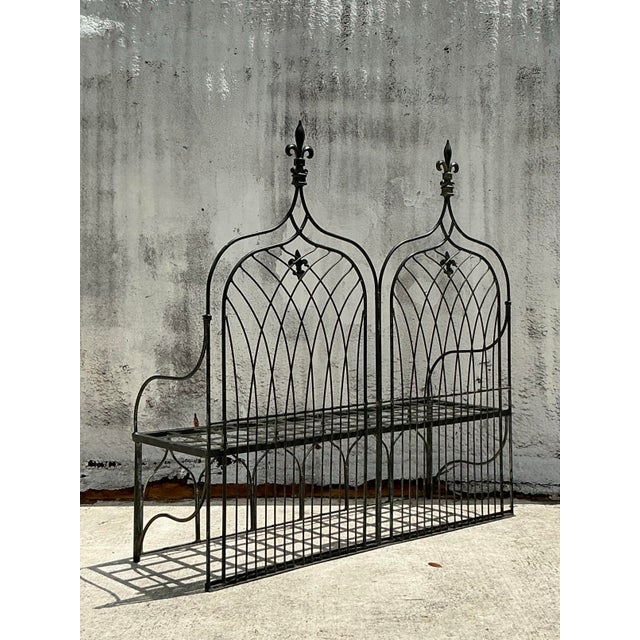Vintage Boho Cathedral Wrought Iron Bench For Sale - Image 4 of 11