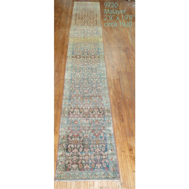 Early 20th Century Zabihi Collection Rare Long Blue Gray Pink Persian Malayer Runner - 2'9" x 19'8" For Sale - Image 4 of 11