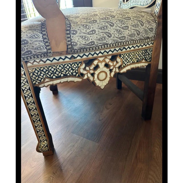 Mid 20th Century Mid 20th Century Handcrafted Syrian Mother of Pearl & Abalone Inlaid Moorish Armchair | Damascus Style | Carved Hardwood Accent Chair For Sale - Image 5 of 12