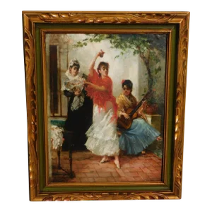 Flamenco Dancers Circa 1900 Signed Vintage Oil Painting, Mystery Artist