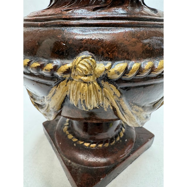 Vintage Italian Renaissance Style Glazed Ceramic Embossed Urn, Gold & Brown For Sale - Image 9 of 12