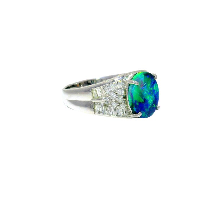 2.57 Carat Australian Black Opal Diamond Platinum Ring, Size 9.5 For Sale - Image 4 of 9