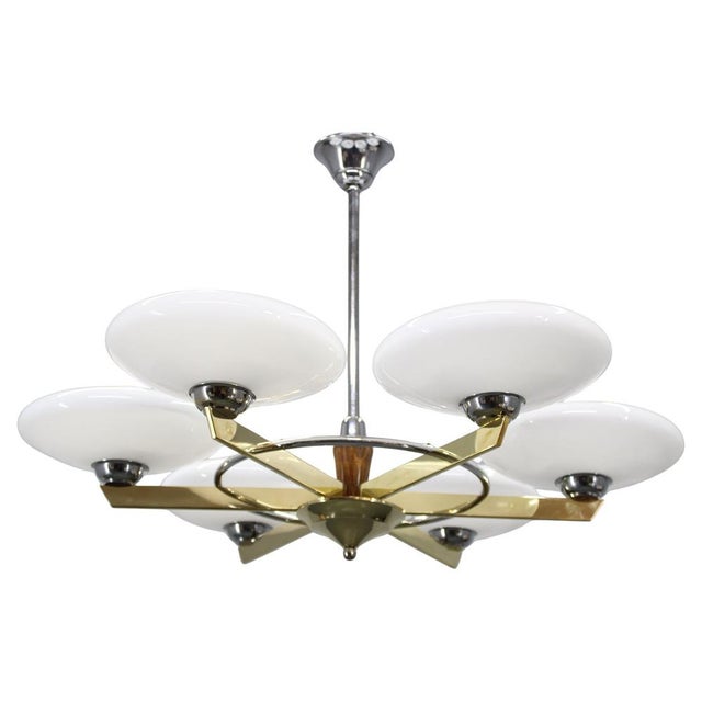 Art Deco Six-Light Chandelier in Brass and Opaline Glass, 1940s For Sale - Image 11 of 11