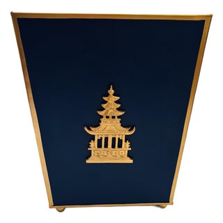 Blue Pagoda Chinoiserie Waste Basket For Sale