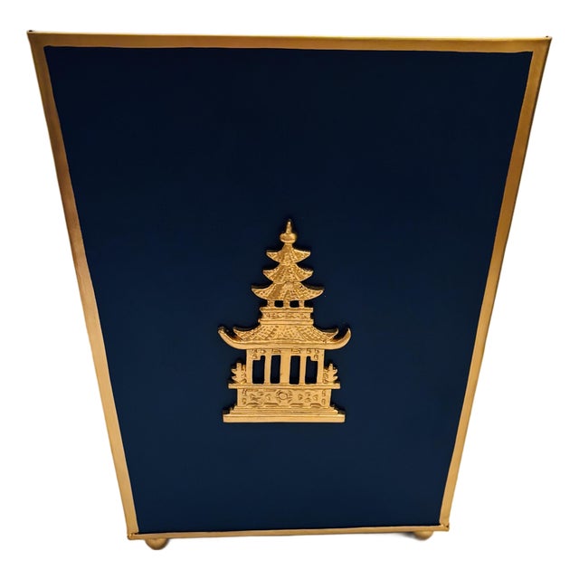 Blue Pagoda Chinoiserie Waste Basket For Sale