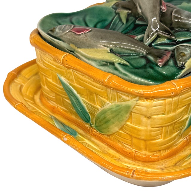 A Victoria Pottery Majolica Yellow Basketweave Sardine Box, English, Ca. 1882 For Sale - Image 9 of 13