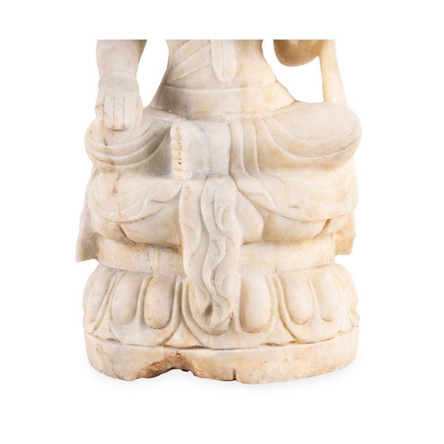 Vintage Chinese Carved White Marble Guanyin Buddhist Sculpture on Lotus Base For Sale - Image 4 of 7