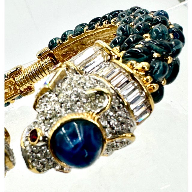 1990s Kenneth Jay Lane KJL Cuff Bracelet Crystal Blue Cabochons Hinged Opens Vintage For Sale - Image 9 of 10