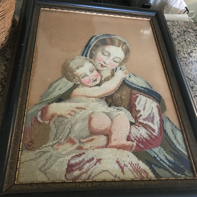 Portraiture Framed Madonna and Child Petit Point Needlepoint For Sale - Image 3 of 13