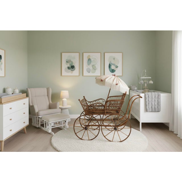 Museum-Quality 19th C. Victorian Wicker Carriage – Ornate Scrollwork & Original Parasol For Sale - Image 13 of 13