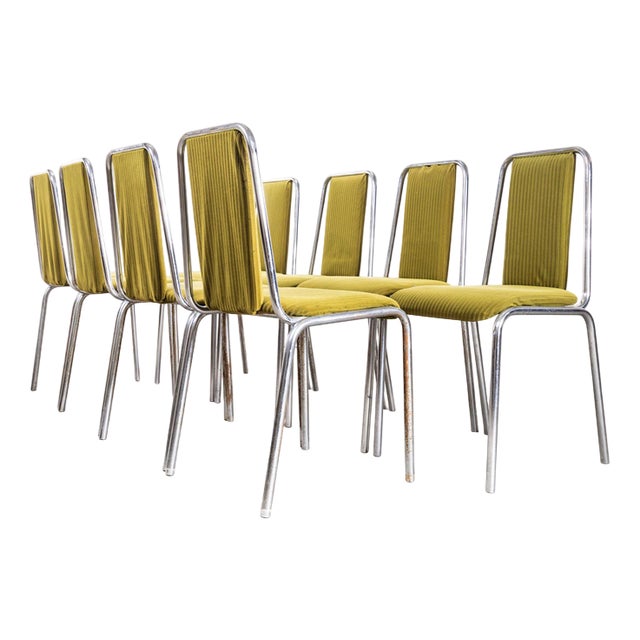 Olive Green Upholstered Chrome Framed Stacking Dining Chairs, 1980s, Set of 8 For Sale