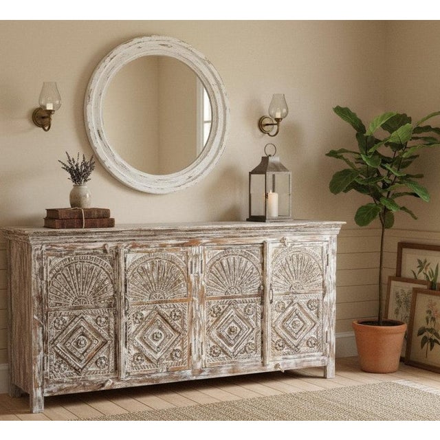 Antique Whitewashed Floral Carved Sideboard With Brass Studs – Vintage Buffet Credenza 72x35 For Sale In Orlando - Image 6 of 7