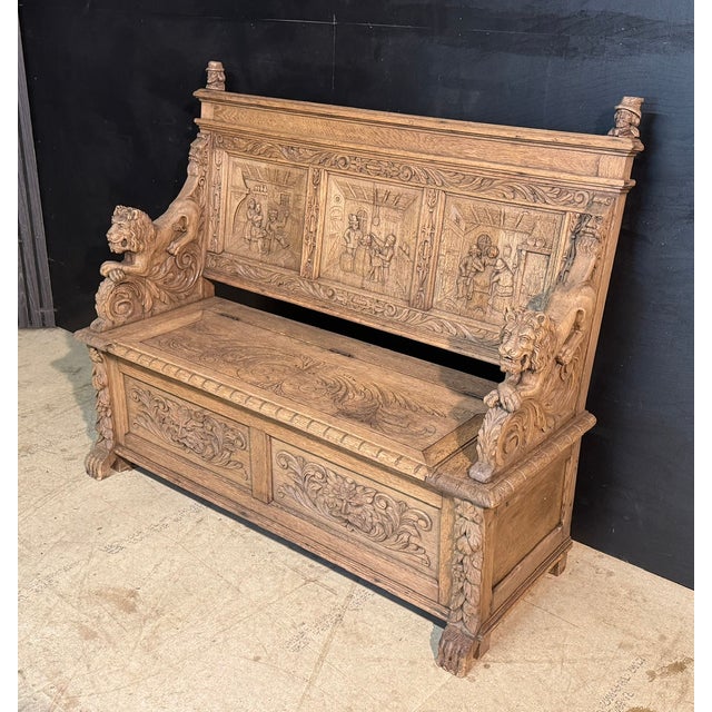 Antique French Carved Oak Bench with Tavern Scene, 1850 For Sale - Image 13 of 18