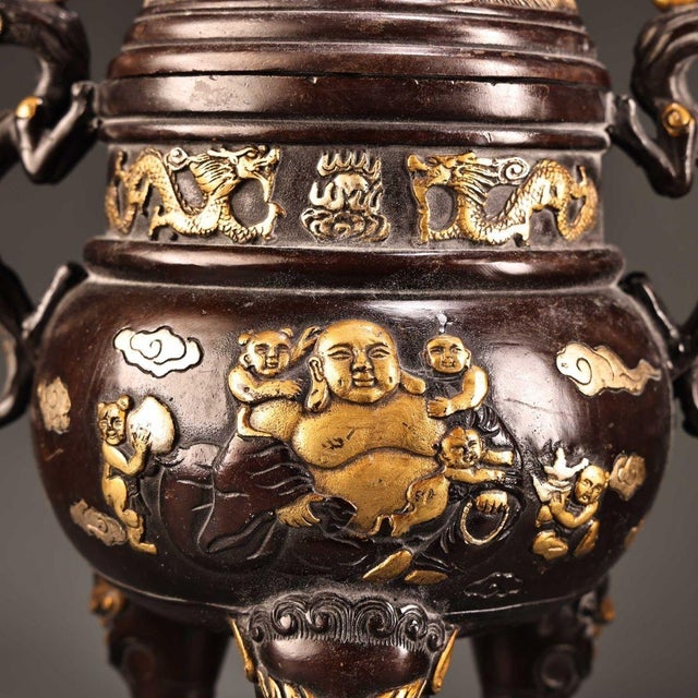 Metal Solid Copper Gilt Gold & Silver High-Relief Incense Burner Censer With Laughing Buddha & Dragons For Sale - Image 7 of 10