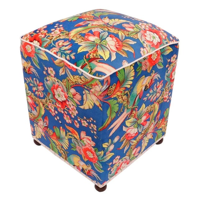 Shabby Chic Edwarain Bird Print Velvet Handmade Ottoman For Sale - Image 9 of 10