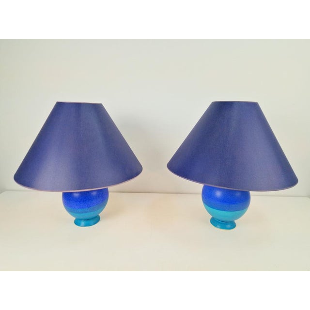 Vintage Blue Ceramic Sphere Table Lamps, 1970s, Set of 2 For Sale - Image 3 of 10