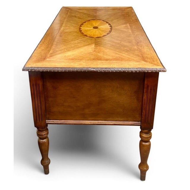 Late 20th Century Compass Star Parquetry Oak Executive Desk With Keyboard Drawer & Carved Rope Edge For Sale - Image 4 of 9