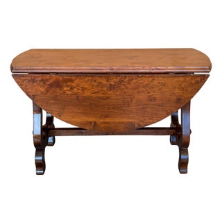 Spanish 20th Century Walnut Drop-Leaf Table with round Top and Lyre Legs For Sale