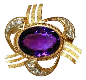Retro 14k Gold Amethyst & Diamond Pendant Brooch