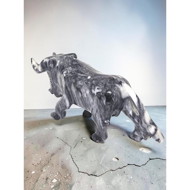 Vintage Hand Carved Marble Bull Sculpture | Black & White Stone Bull Figurine | Ranch Western Decor | Onyx Animal Statue For Sale - Image 4 of 9