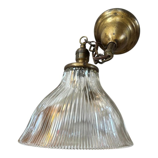 1920s Holophane Flat Bottom Shade on Original Old Brass Holder, Circa 1920 For Sale - Image 5 of 5