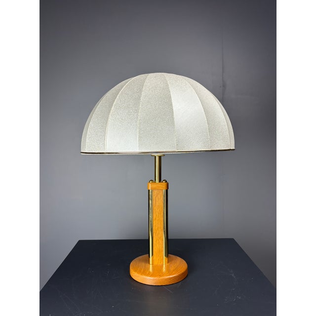 Mid-Century Austrian Hollywood Regency Oak and Brass Table Lamp with Mushroom Shade, 1960s For Sale - Image 17 of 17
