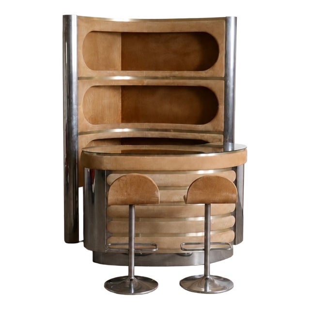 Vintage Hollywood Regency Suede and Chrome Dry Bar with Barstools, Italy, 1969, Set of 4 For Sale
