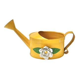 Vintage Yellow Toleware Watering Can With Floral Detail – Cottage Garden Planter Decor - Teleflora For Sale