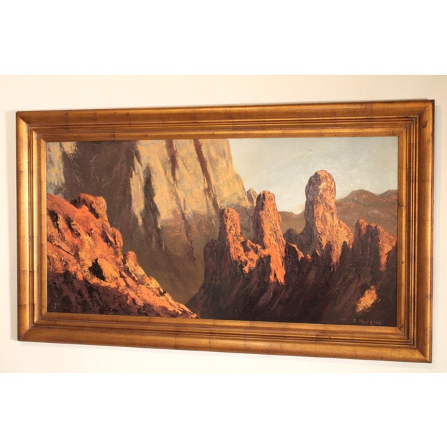 Impressionist red rock painting by Segundo Huertas (1923-2010), titled "Mountain Formations". Oil on canvas. Frame...