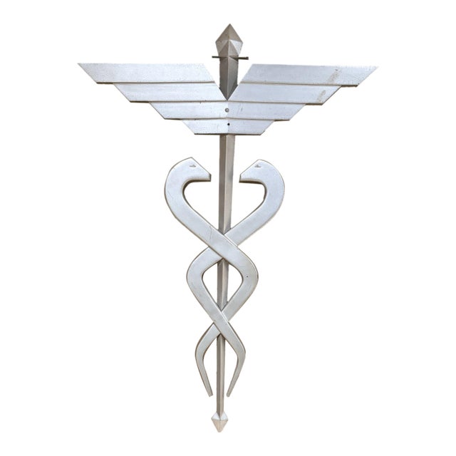 Aluminum Caduceus Symbol Medical Wall Mounted Sculpture Snakes & Wings For Sale