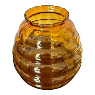 Vintage Amber Art Glass Beehive Vase, Sculptural Ribbed Design For Sale