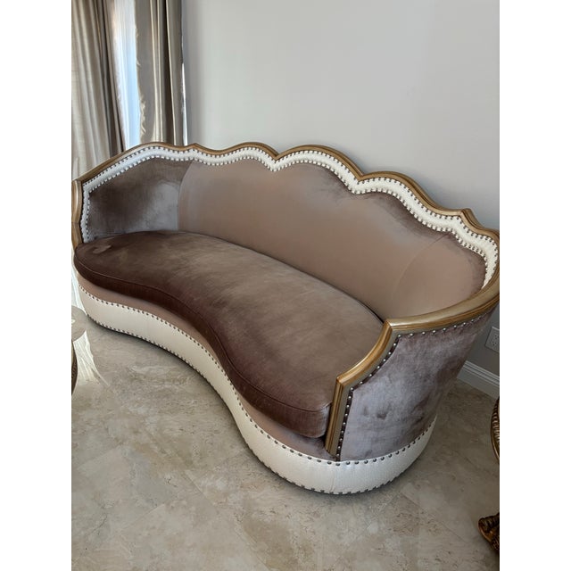 French 1990s Taupe-Brown Velvet Couch For Sale - Image 3 of 3