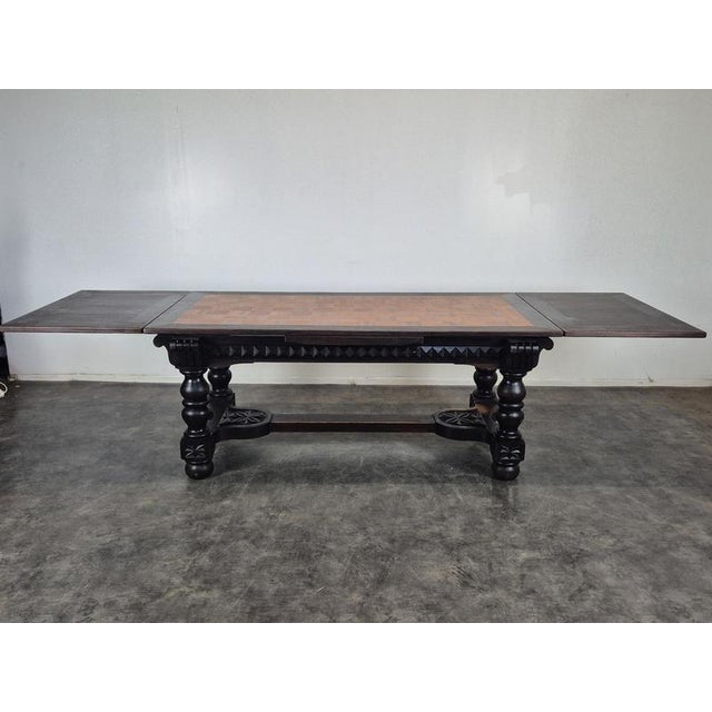 Wood Breton Extendable Table in Carved Oak with Parquet Top For Sale - Image 7 of 14