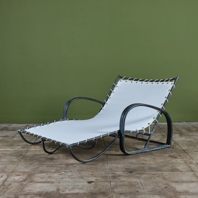 Walter Lamb Early Walter Lamb Bronze & Canvas Double Wide Patio Chaise Lounge For Sale - Image 4 of 16