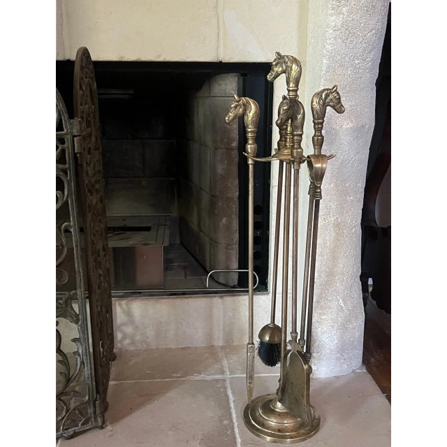 Metal French Brass Horse Head Fireplace Tool Set For Sale - Image 7 of 12