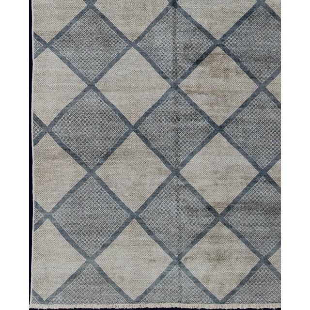 Tribal Large Gallery Rug in Modern Diamond Design in Blue-Green and Cream For Sale - Image 3 of 13