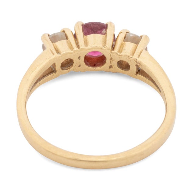 Metal 14k Yellow Gold Pink Tourmaline and Diamond Three-Stone Ring For Sale - Image 7 of 9