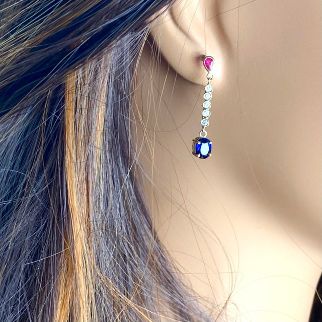 Gold 14 Karat Yellow Gold Double Tiered Alternating Ruby and Sapphire Drop Earrings - 2 Pieces For Sale - Image 8 of 10