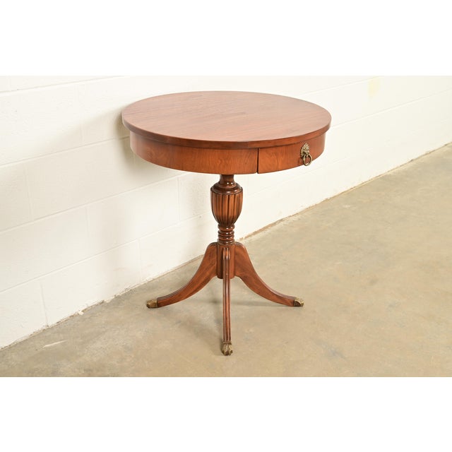 English Baker Furniture Style Georgian Carved Walnut Pedestal Drum Side Table or Tea Table, Circa 1960s For Sale - Image 3 of 13